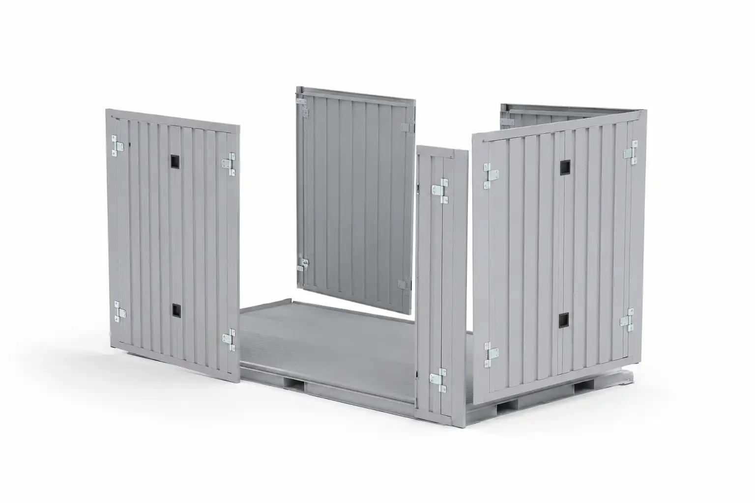Steel wall panels being bolted to the frame of a flat pack container