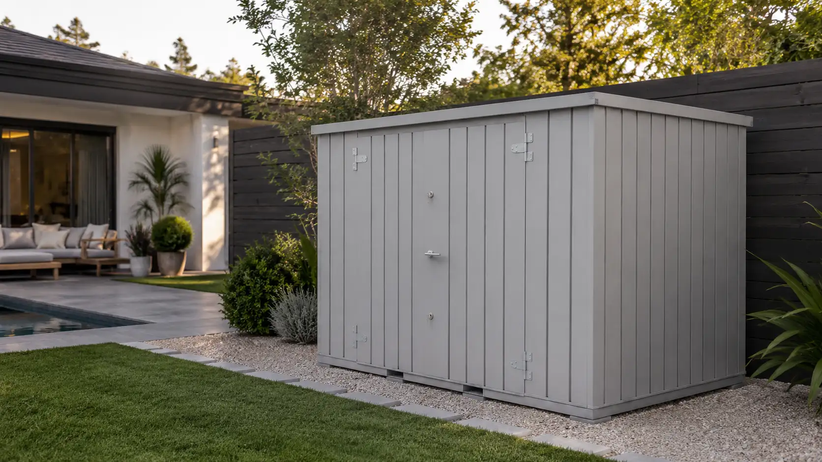 Storage-Tech flat pack storage container in a residential backyard