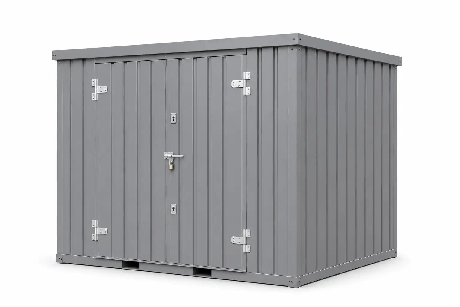 Completed flat pack storage container sealed and padlocked
