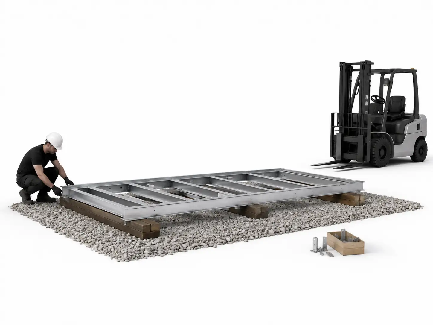 Level gravel base prepared for a flat pack storage container