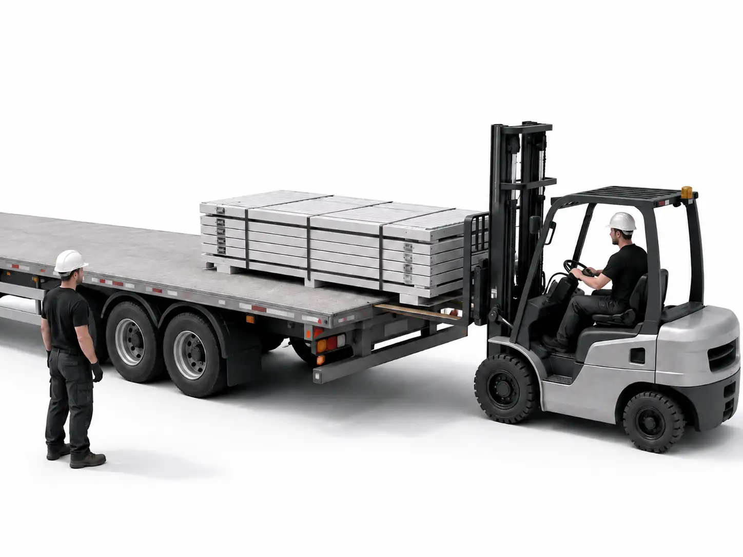Flat pack container panels being unloaded from a truck deck
